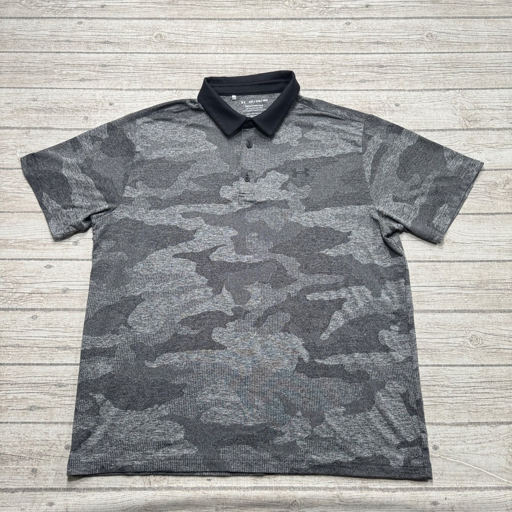 Under Armour Shirt Men's 2XL Gray Camo Short Sleeve Loose Playoff Polo Athletic